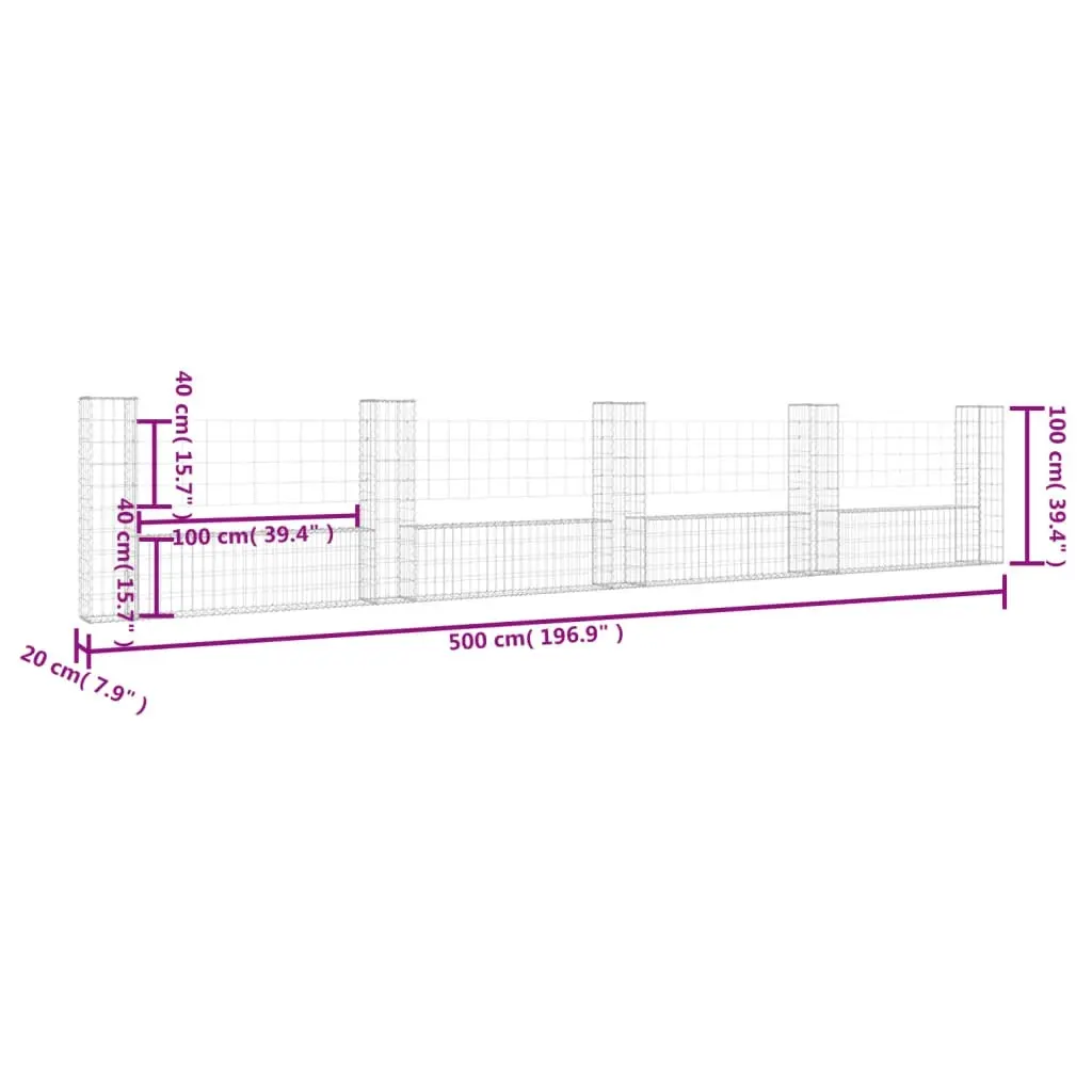 U-shape Gabion Basket with 5 Posts Iron 500x20x100 cm 151278