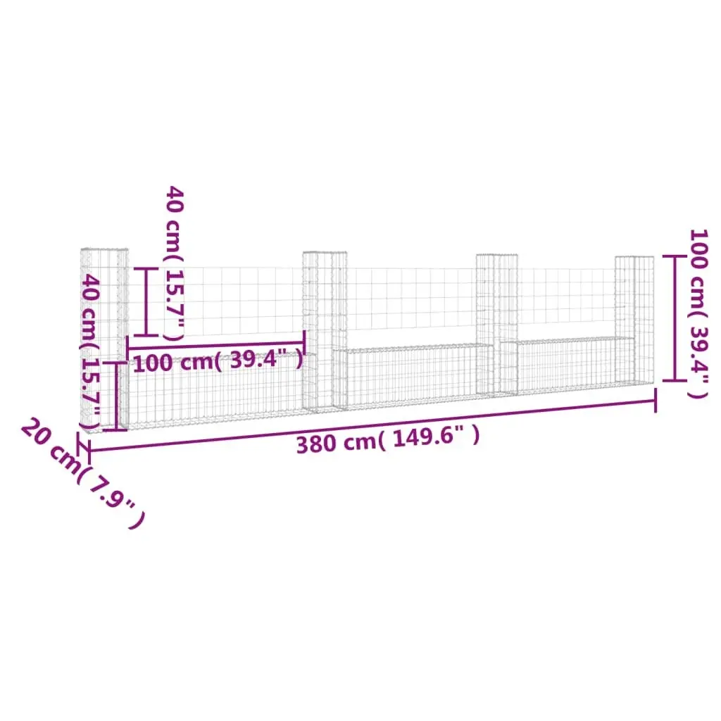 U-shape Gabion Basket with 4 Posts Iron 380x20x100 cm 151277