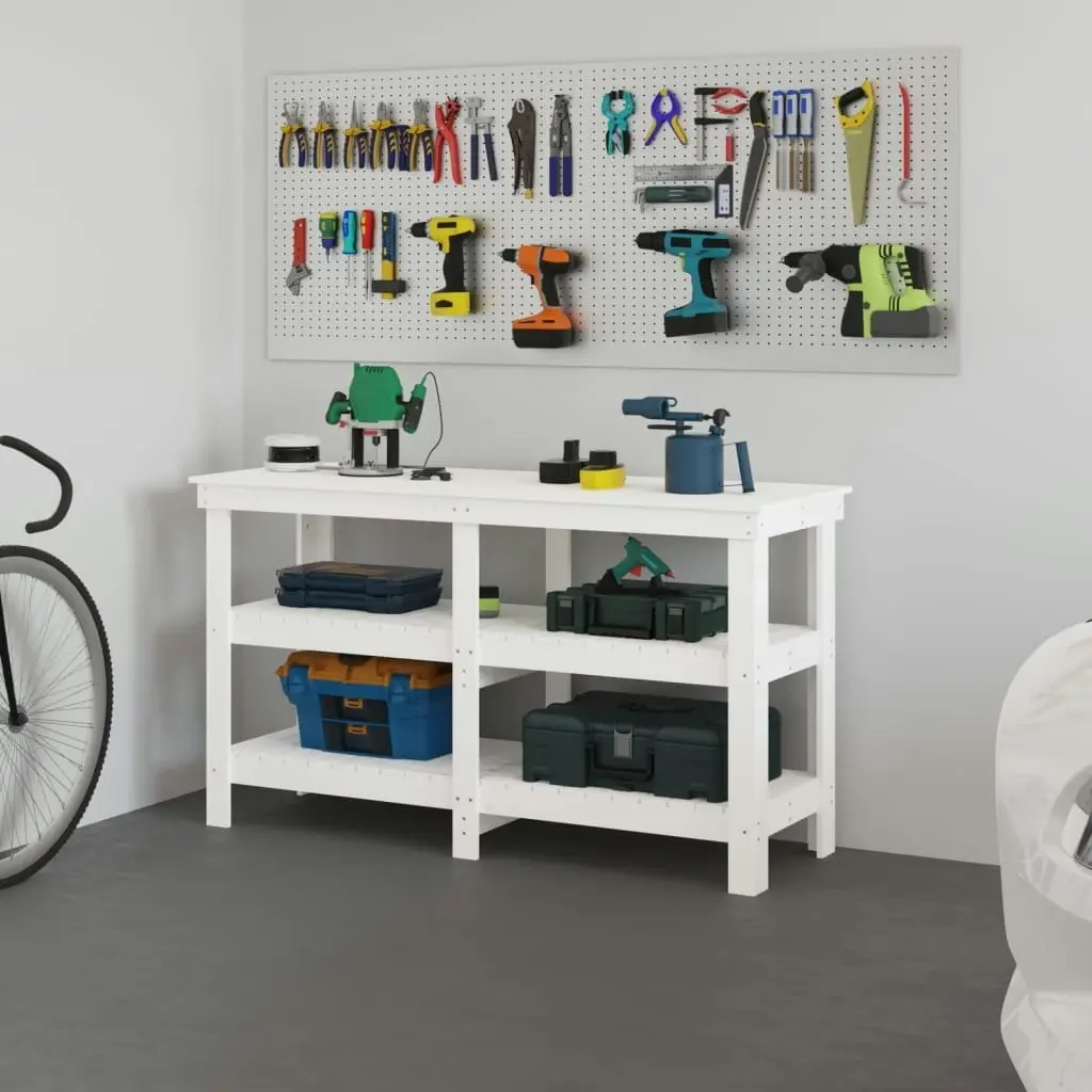 Work Bench White 142.5x50x80 cm Solid Wood Pine 823650