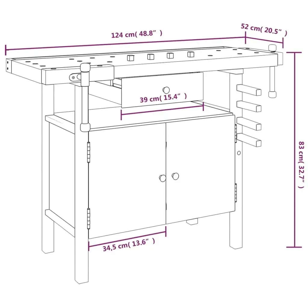 Workbench with Drawer and Vices 124x52x83 cm Solid Wood Acacia 153321