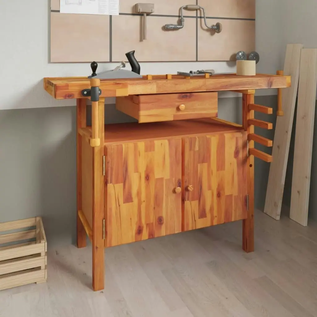 Workbench with Drawer and Vices 124x52x83 cm Solid Wood Acacia 153321