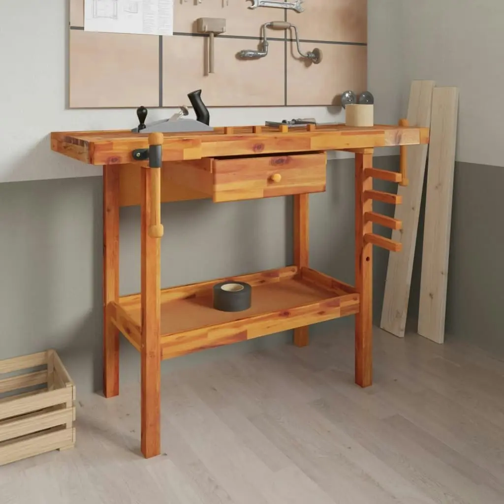 Workbench with Drawer and Vices 124x52x83 cm Solid Wood Acacia 153320