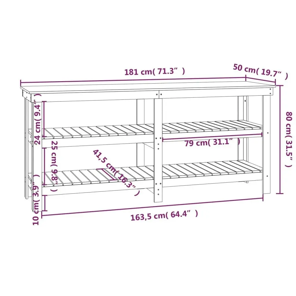 Work Bench White 181x50x80 cm Solid Wood Pine 823655