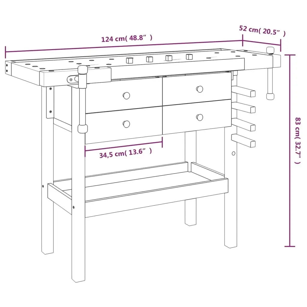 Workbench with Drawers and Vices 124x52x83 cm Solid Wood Acacia 153322