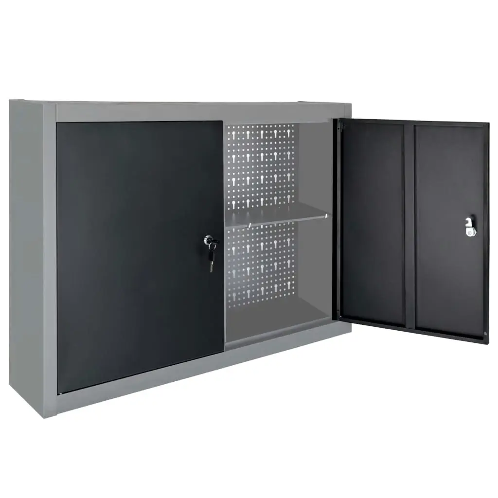 Wall Mounted Tool Cabinet Industrial Style Metal Grey and Black 145365