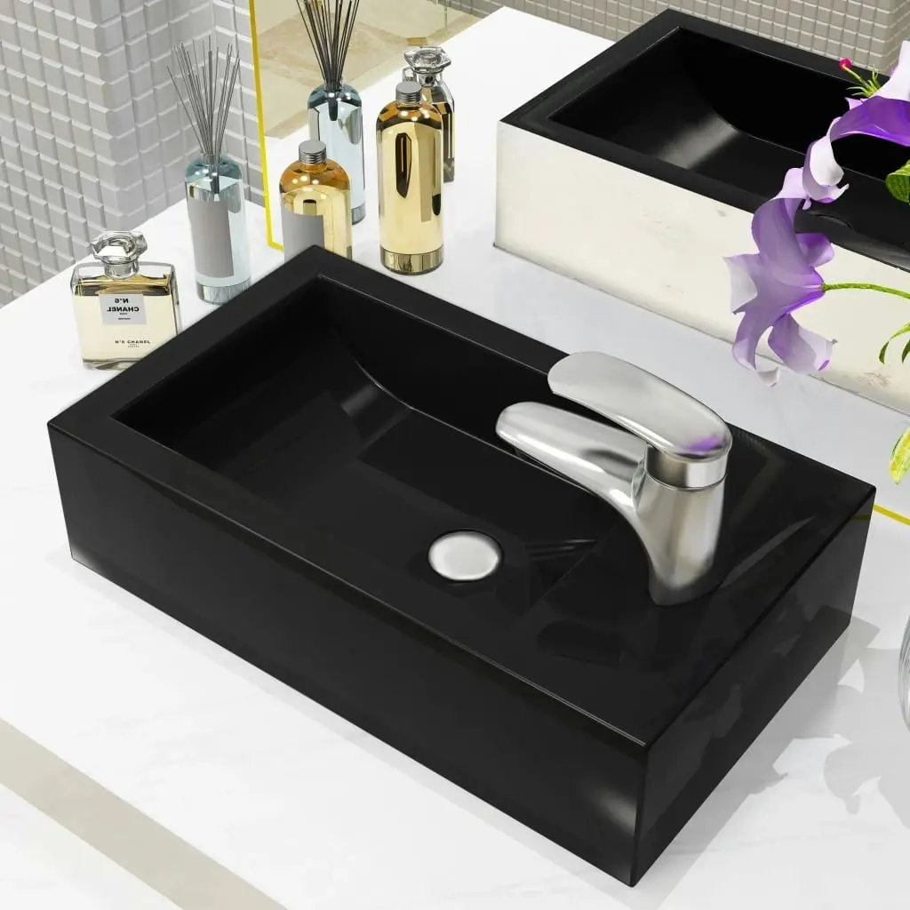 Basin with Faucet Hole Rectangular Ceramic Black 46x25.5x12 cm 142738