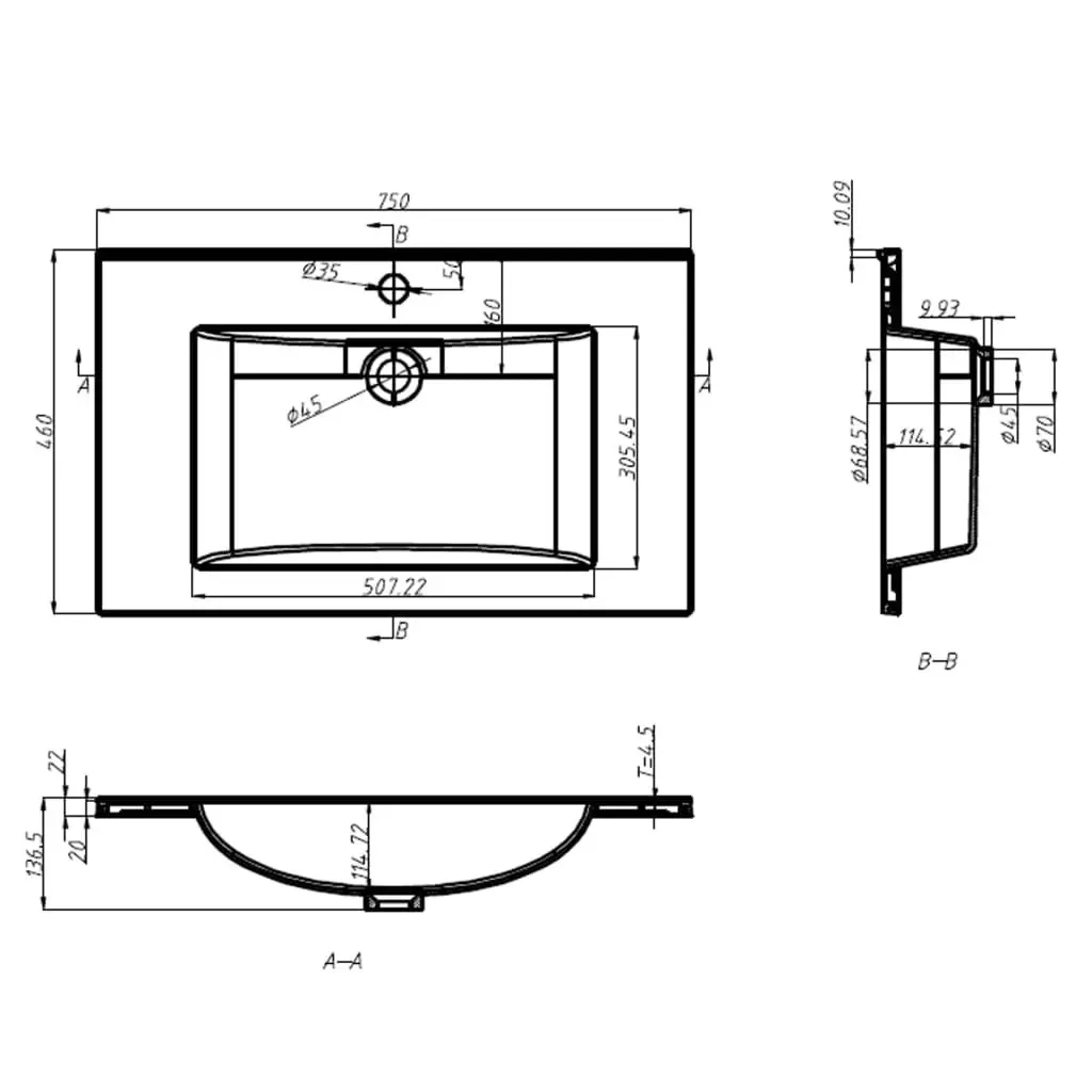 Built-in Wash Basin 750x460x130 mm SMC White 146516