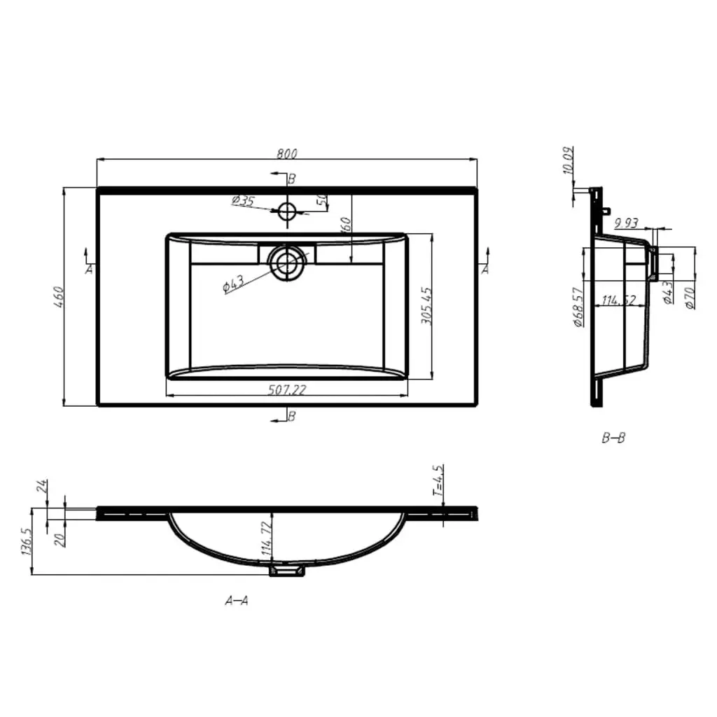 Built-in Wash Basin 800x460x130 mm SMC White 146517