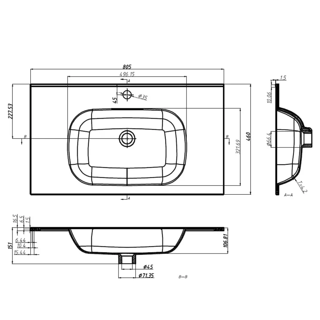 Built-in Wash Basin 805x460x105 mm SMC White 146520