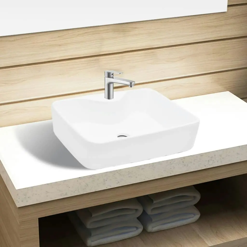 Ceramic Bathroom Sink Basin with Faucet Hole White Square 141936