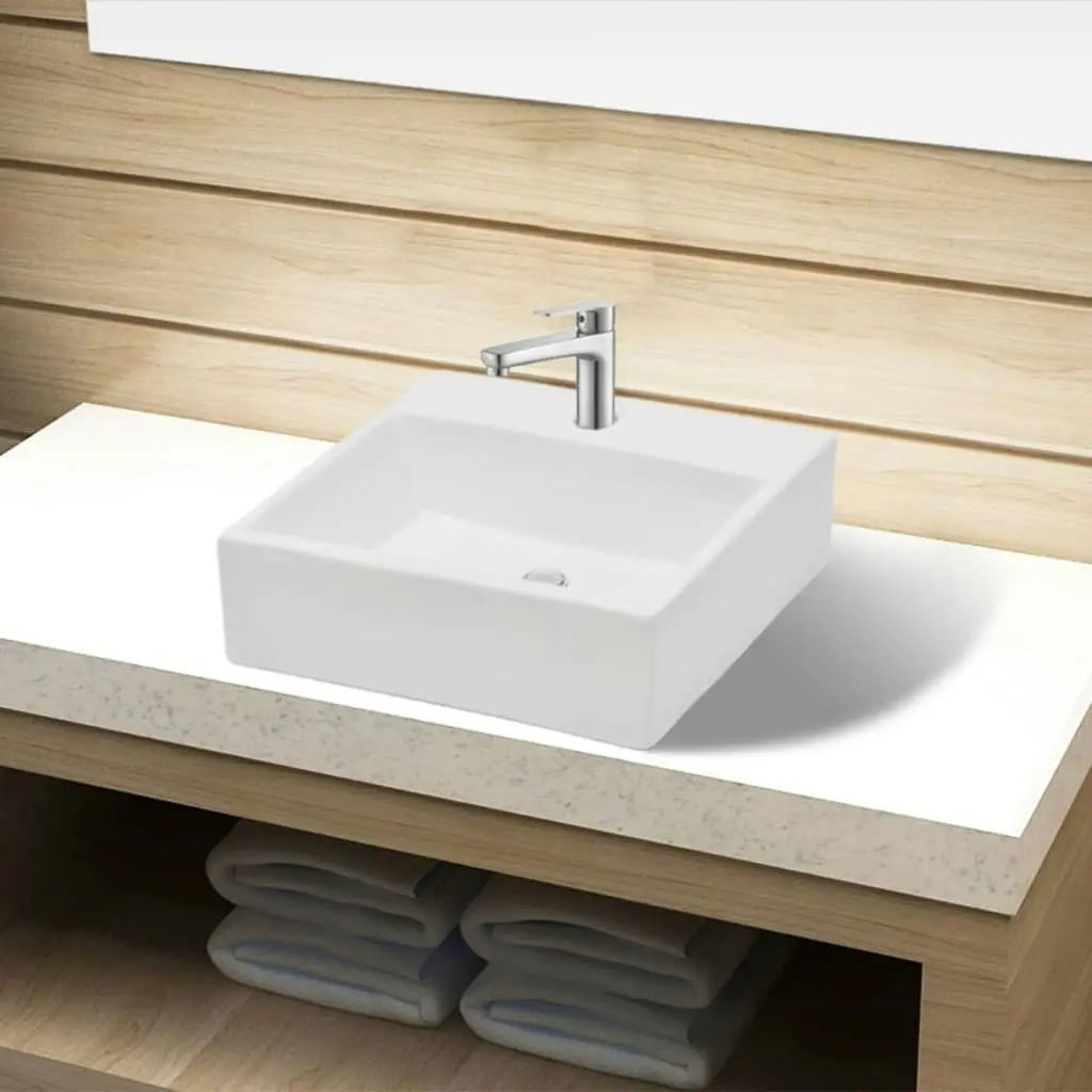 Ceramic Bathroom Sink Basin with Faucet Hole White Square 141940