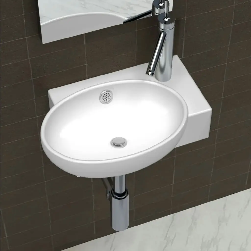 Ceramic Sink Basin Faucet & Overflow Hole Bathroom White 140698