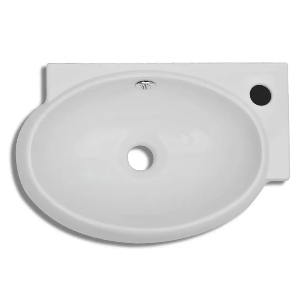 Ceramic Sink Basin Faucet & Overflow Hole Bathroom White 140698