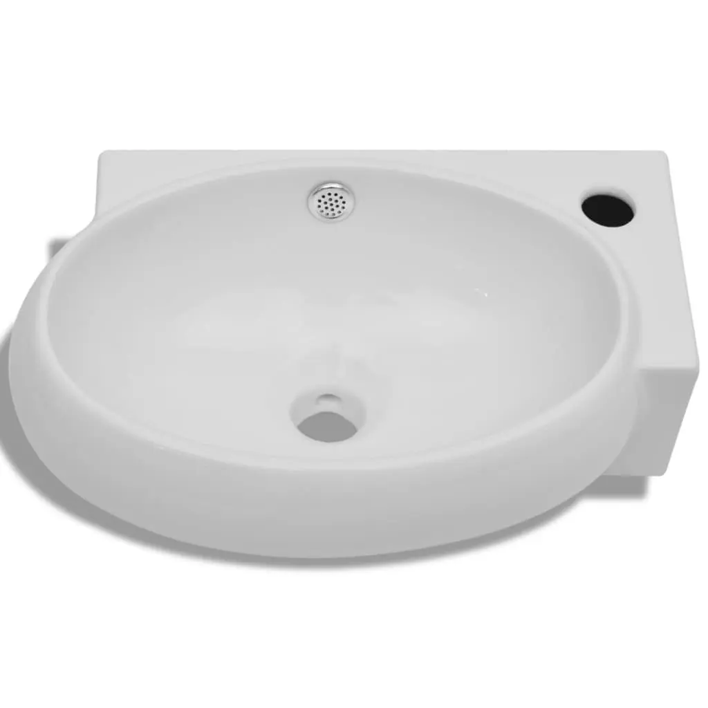 Ceramic Sink Basin Faucet & Overflow Hole Bathroom White 140698