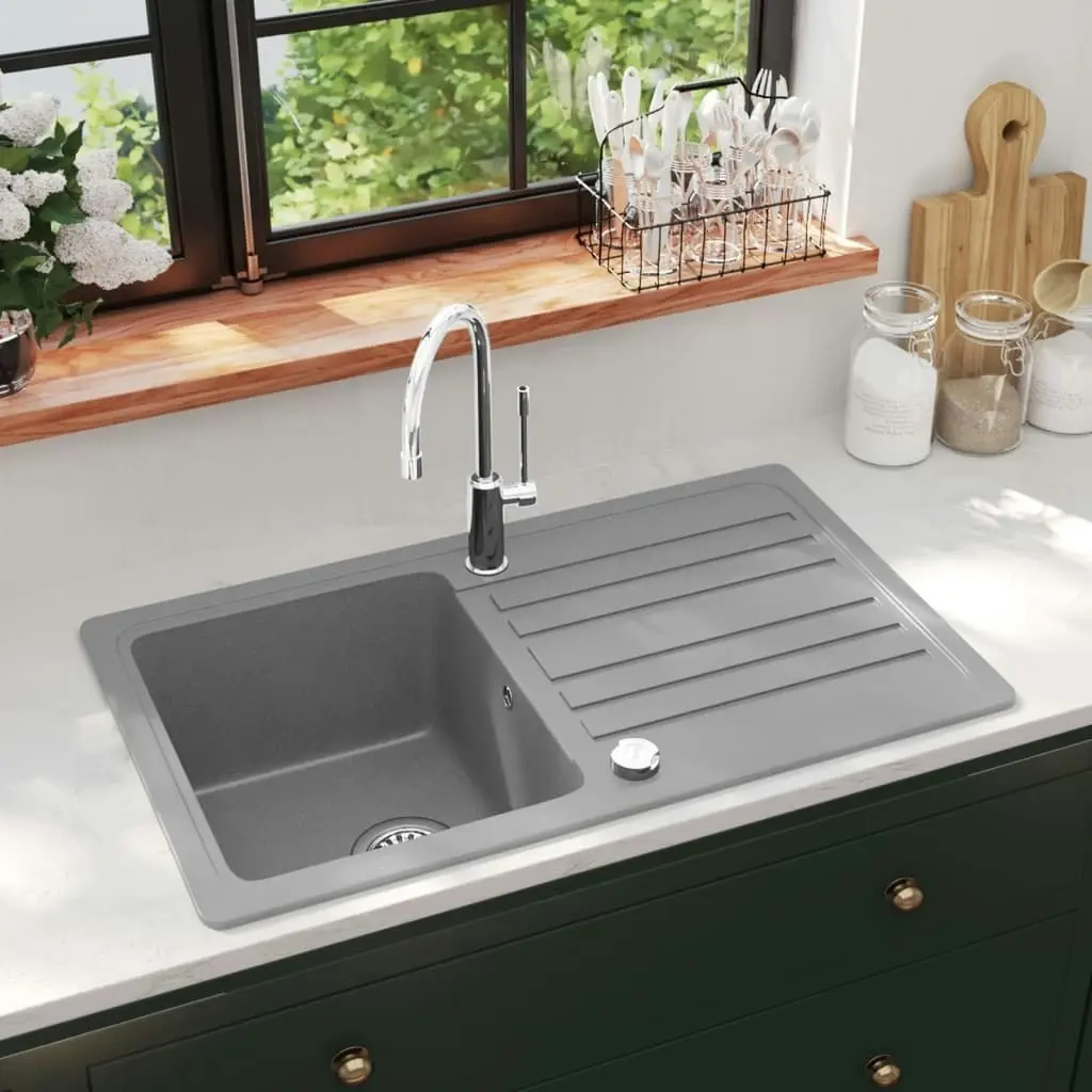 Granite Kitchen Sink Single Basin with Drainer Reversible Grey 145514