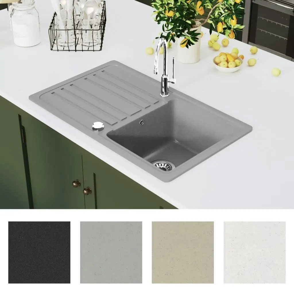 Granite Kitchen Sink Single Basin with Drainer Reversible Grey 145514