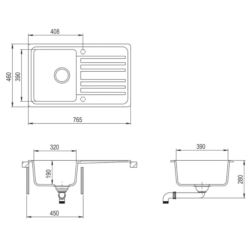 Granite Kitchen Sink Single Basin with Drainer Reversible Grey 145514