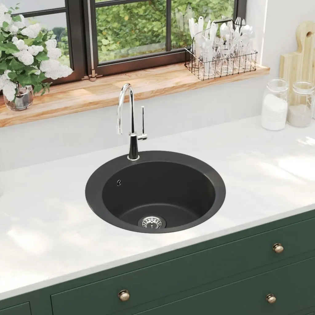 Granite Kitchen Sink Single Basin Round Black 145527