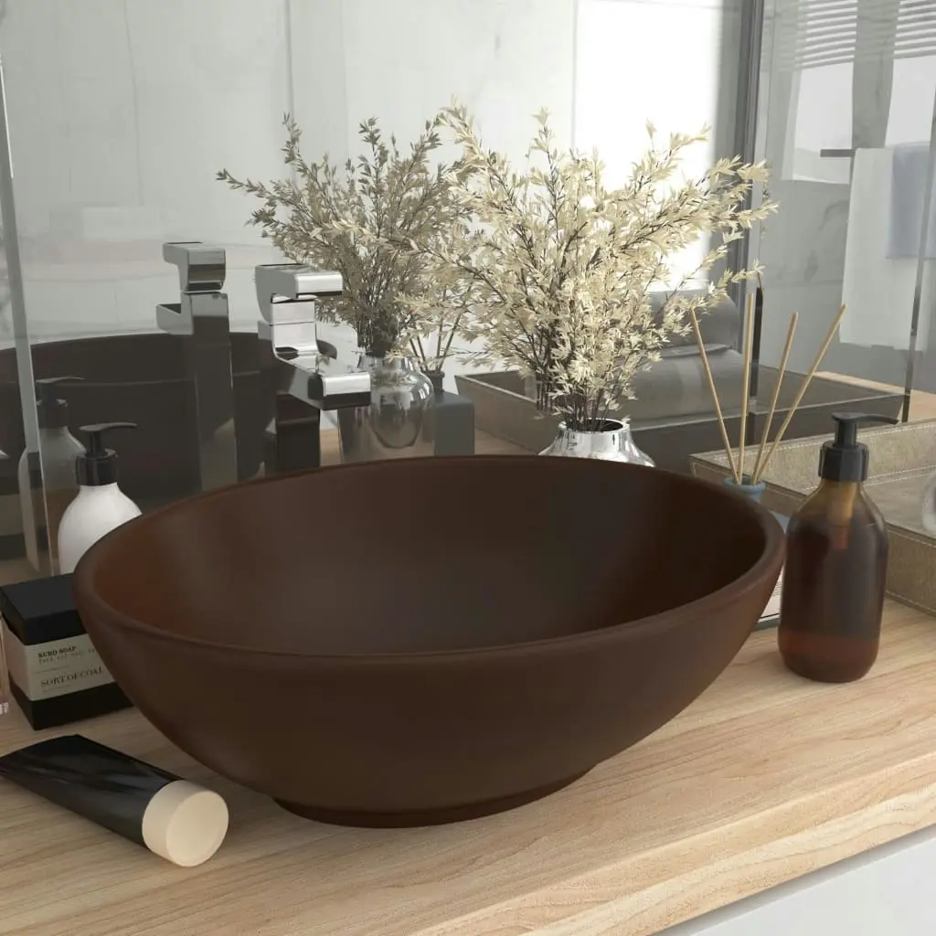 Luxury Basin Oval-shaped Matt Dark Brown 40x33 cm Ceramic 146929