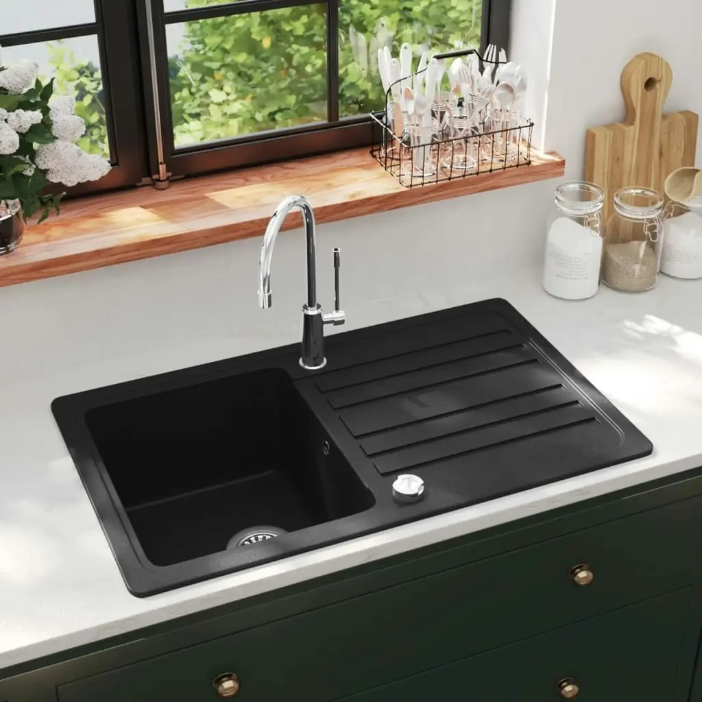 Granite Kitchen Sink Single Basin with Drainer Reversible Black 145513