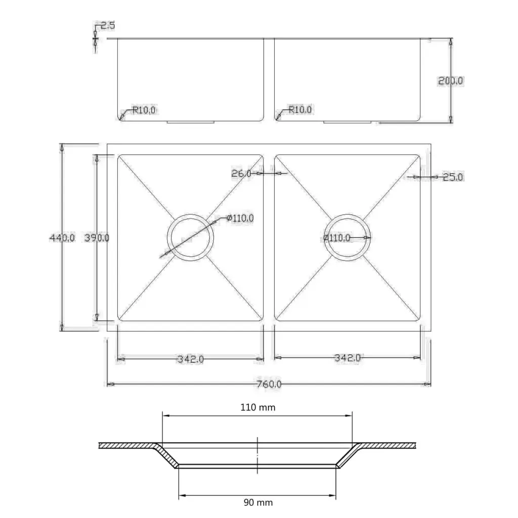 Handmade Kitchen Sink with Overflow Hole Stainless Steel 147163