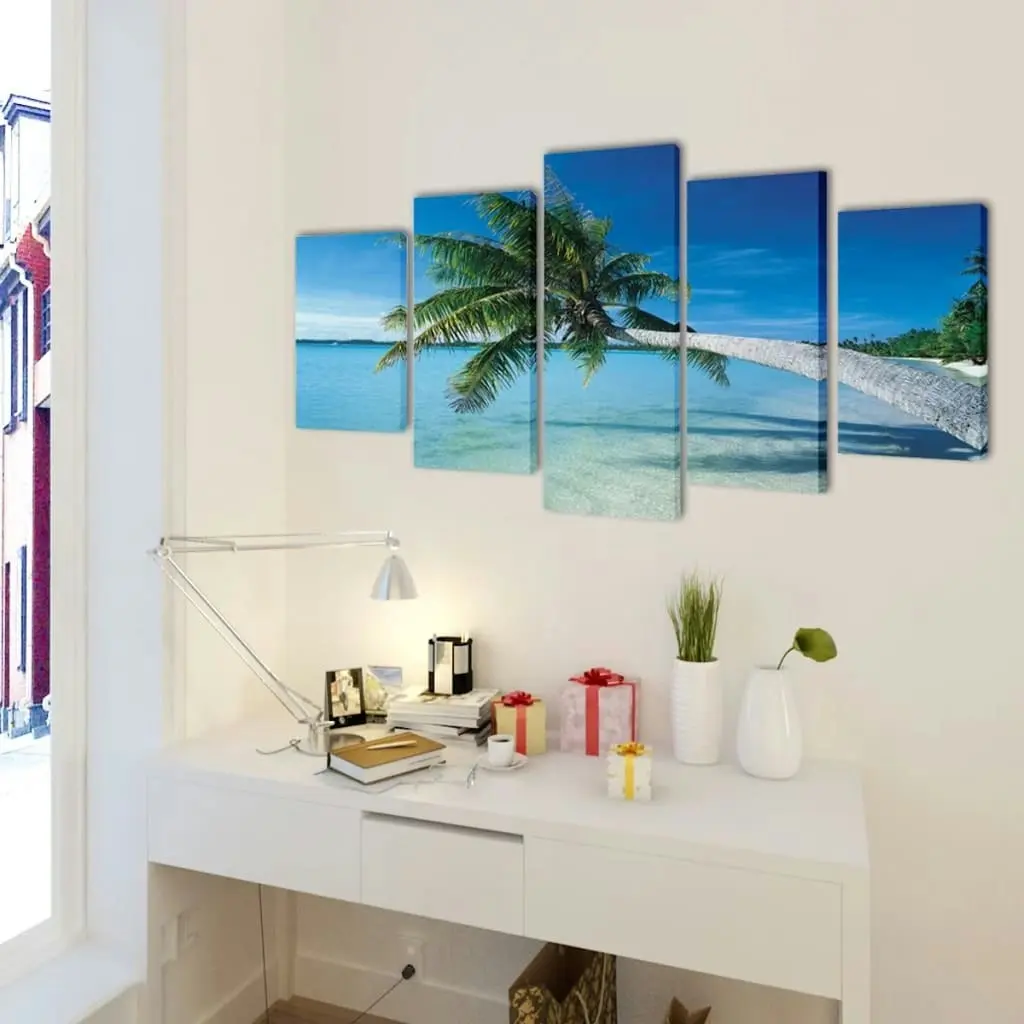 Canvas Wall Print Set Sand Beach with Palm Tree 200 x 100 cm 241561