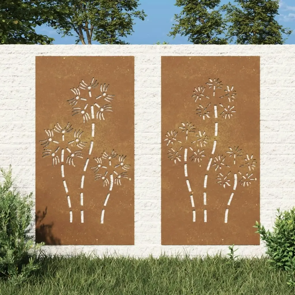 Garden Wall Decorations 2pcs 105x55cm Corten Steel Flower Design 824487