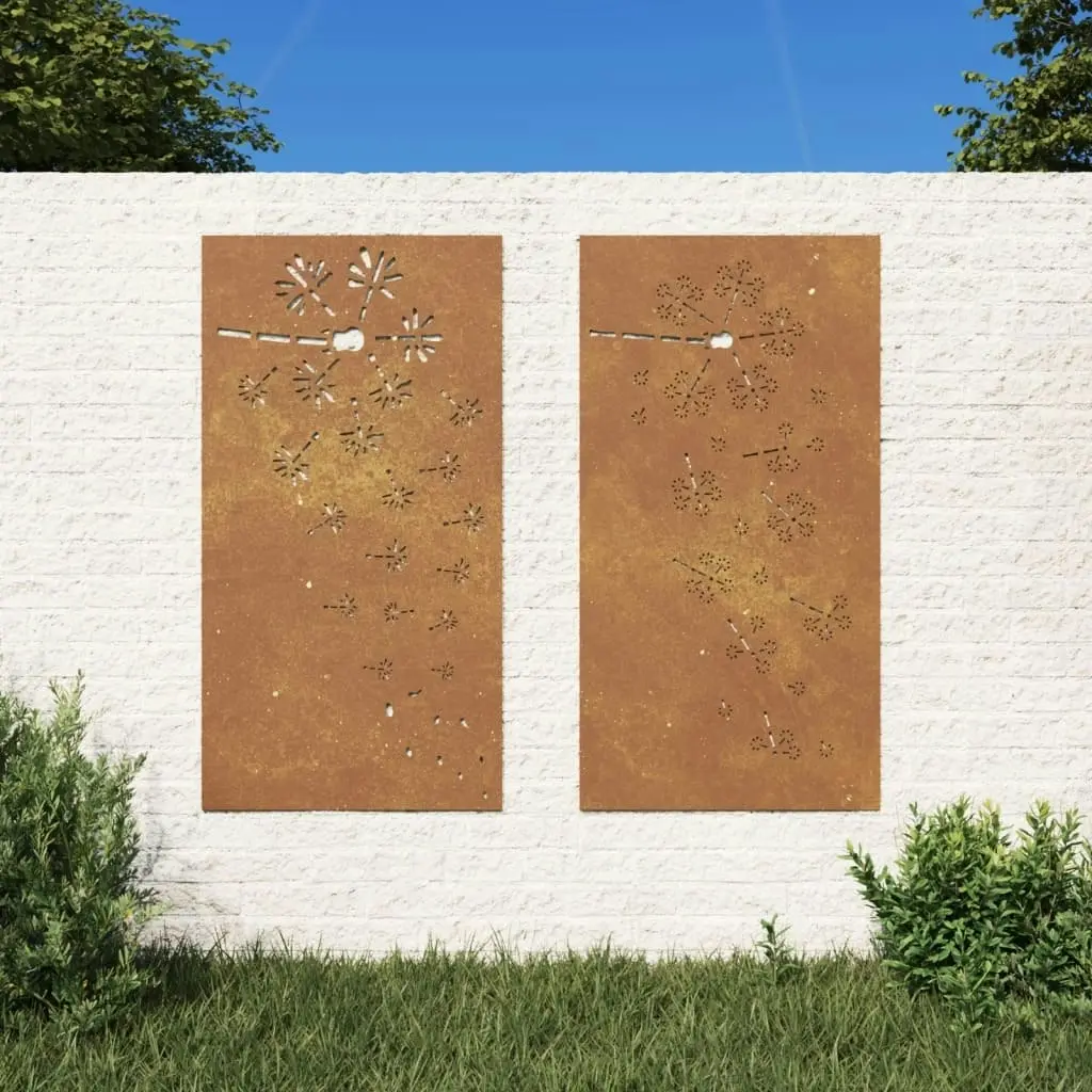 Garden Wall Decorations 2pcs 105x55cm Corten Steel Flower Design 824495