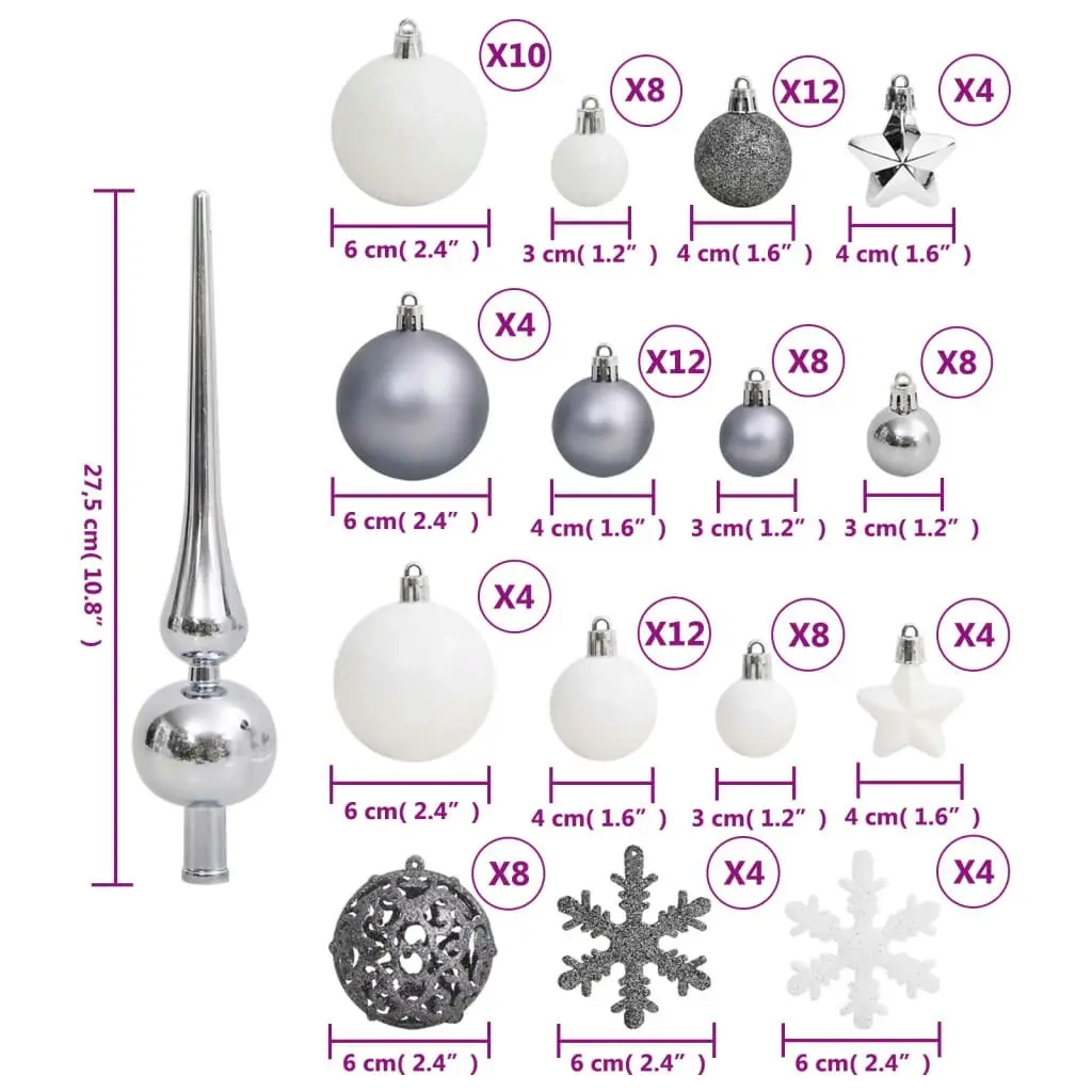 111 Piece Christmas Bauble Set White and Grey Polystyrene 356113