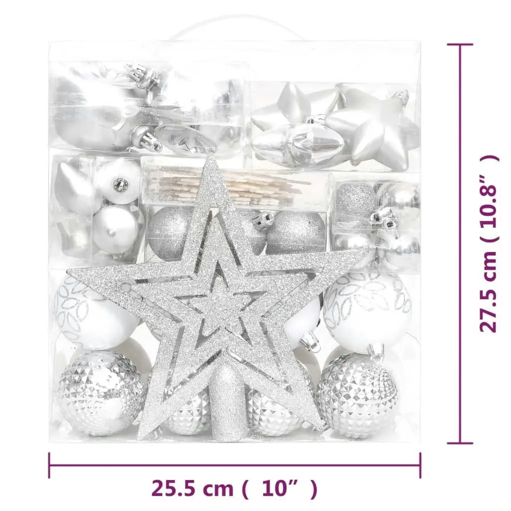 70 Piece Christmas Bauble Set Silver and White 330090