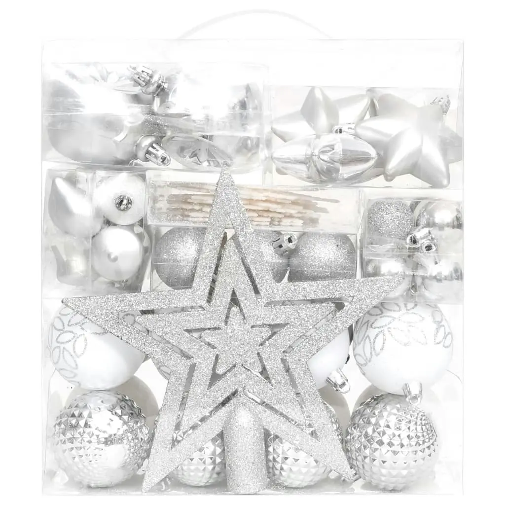 70 Piece Christmas Bauble Set Silver and White 330090