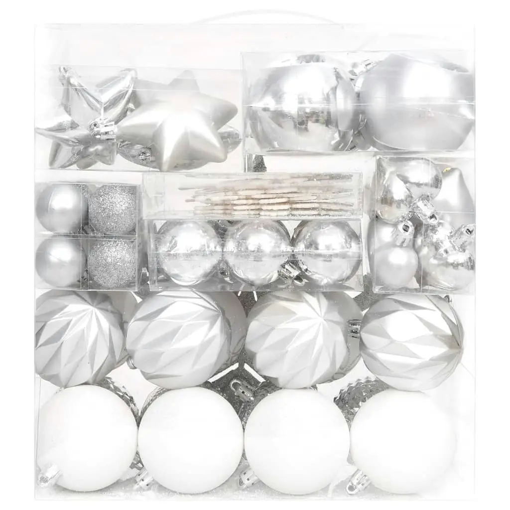 70 Piece Christmas Bauble Set Silver and White 330090