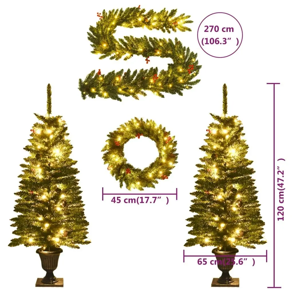 Artificial Christmas Trees 2 pcs with Wreath, Garland and LEDs 344648