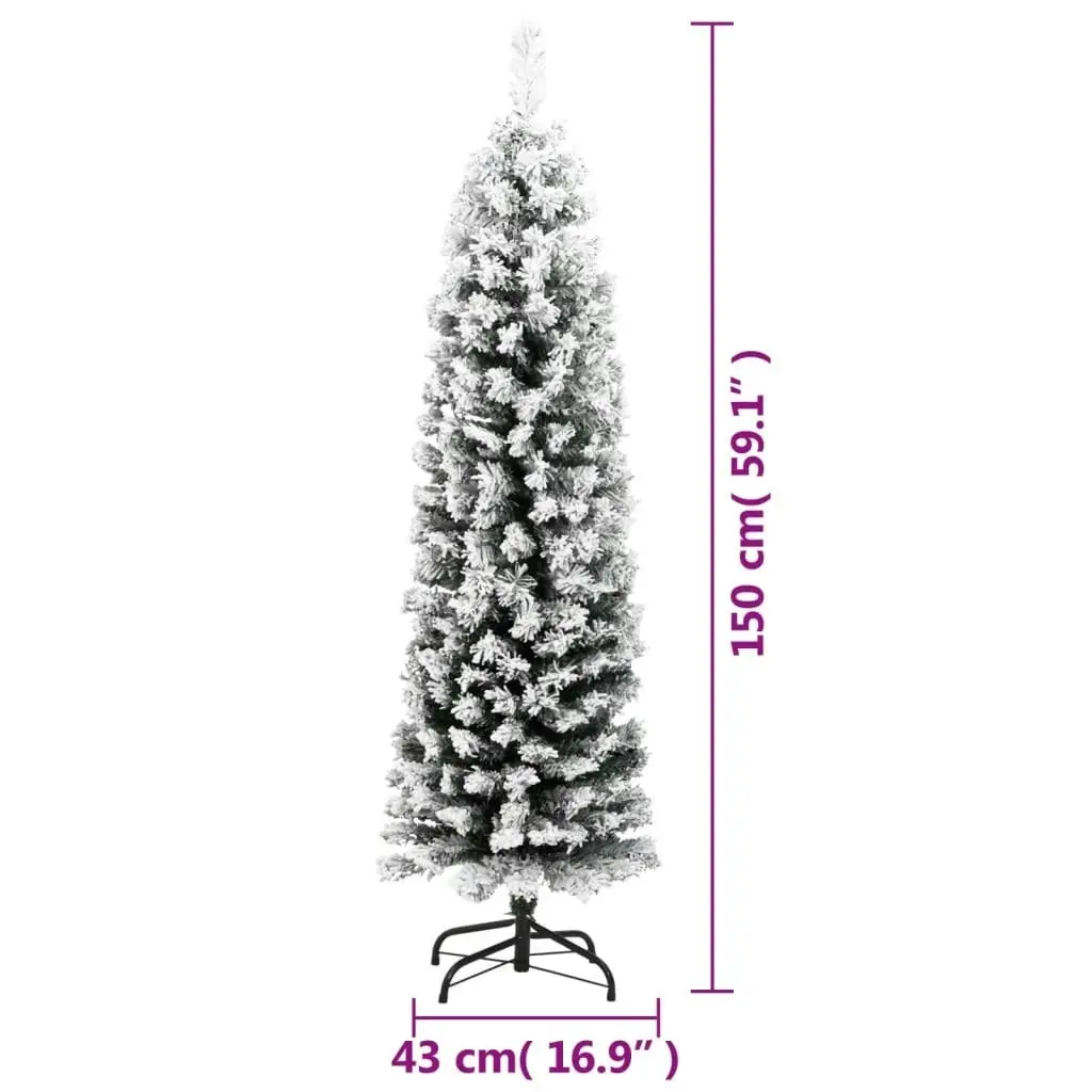 Slim Artificial Christmas Tree with Flocked Snow Green 150 cm PVC 320953