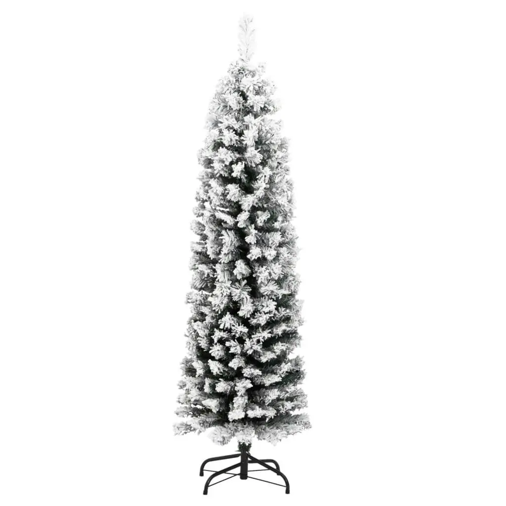 Slim Artificial Christmas Tree with Flocked Snow Green 150 cm PVC 320953