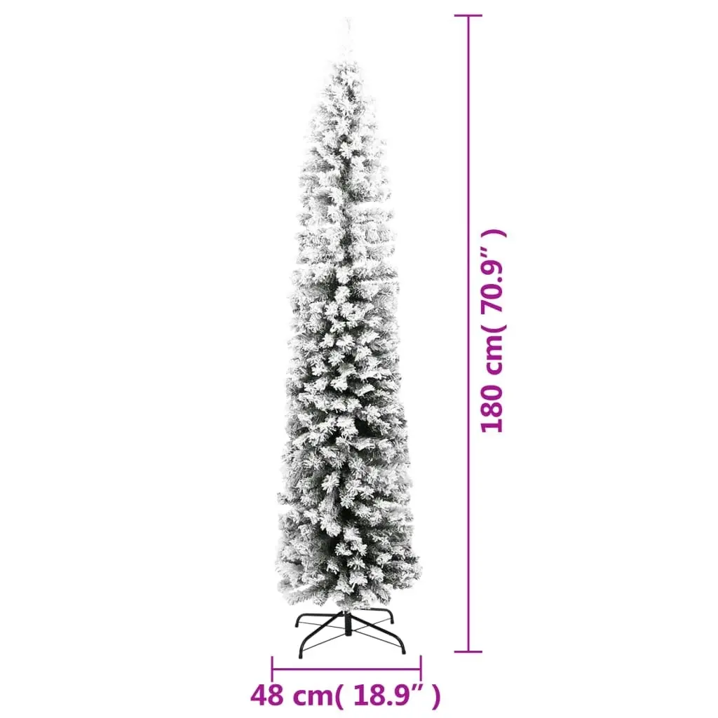 Slim Artificial Christmas Tree with Flocked Snow Green 180 cm PVC 320954