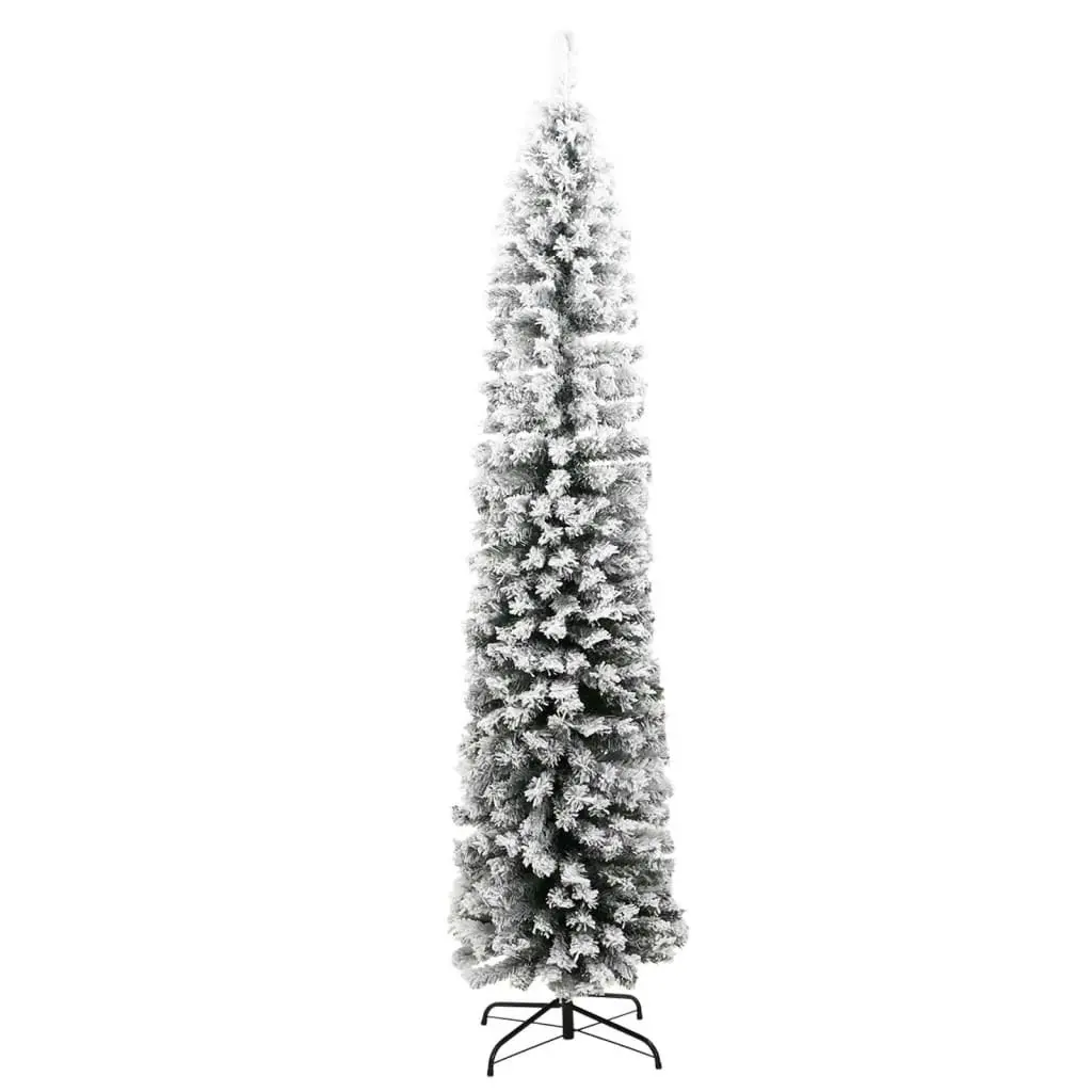 Slim Artificial Christmas Tree with Flocked Snow Green 210 cm PVC 320955