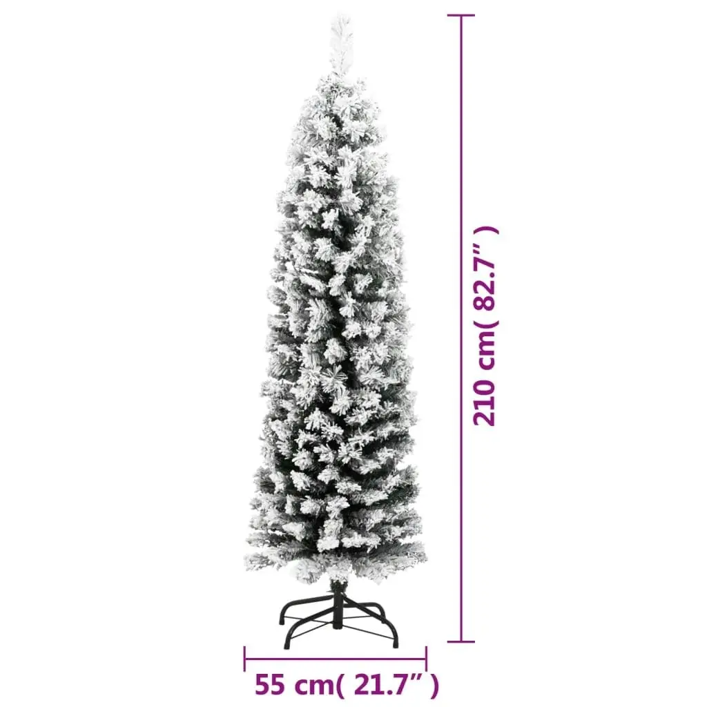 Slim Artificial Christmas Tree with Flocked Snow Green 210 cm PVC 320955