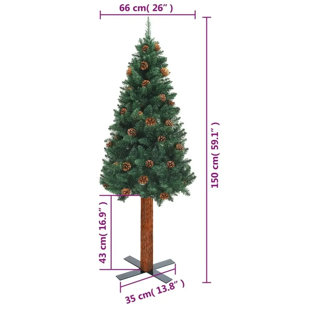 Slim Christmas Tree with Real Wood and Cones Green 150 cm PVC 320957