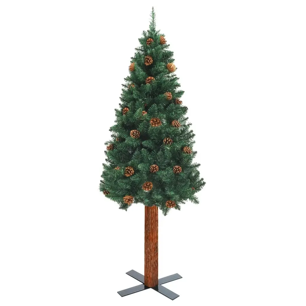 Slim Christmas Tree with Real Wood and Cones Green 150 cm PVC 320957