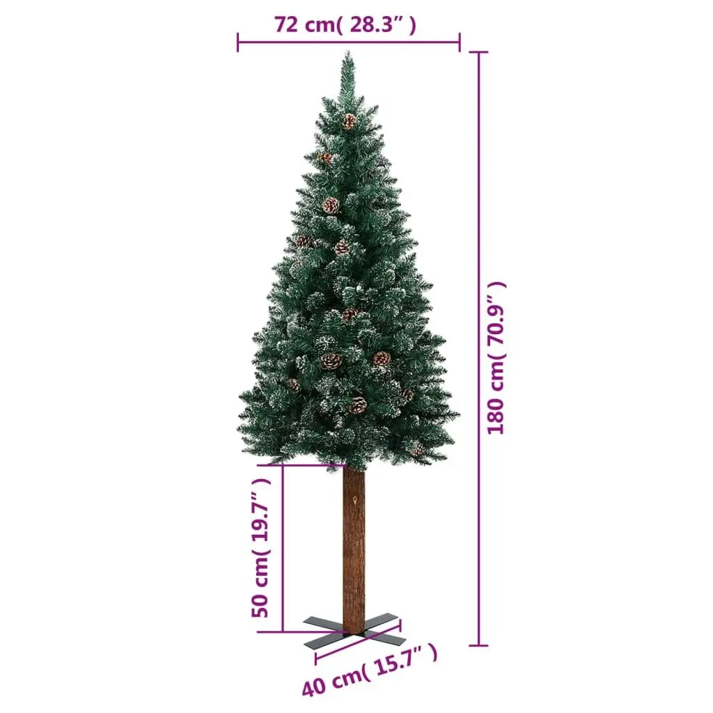 Slim Christmas Tree with Real Wood and White Snow Green 180 cm 320961