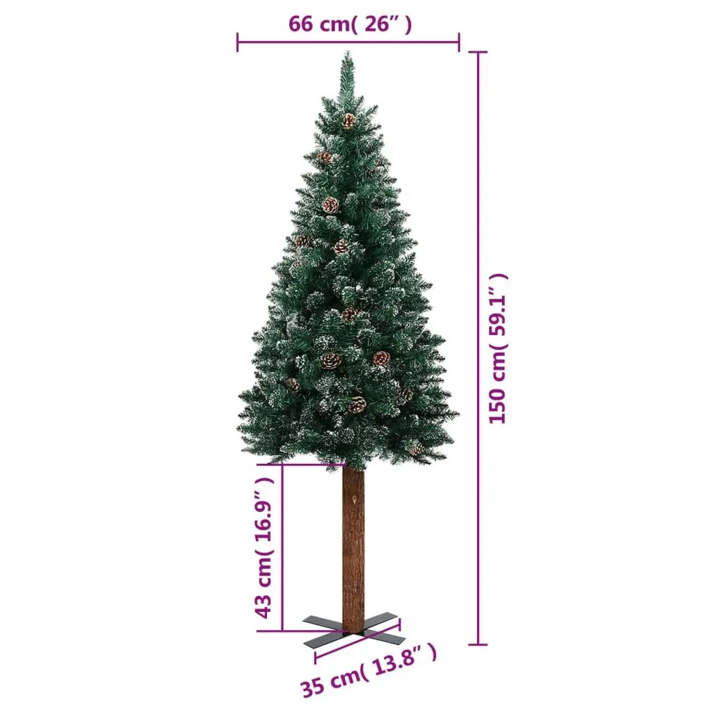 Slim Christmas Tree with Real Wood and White Snow Green 150 cm 320960