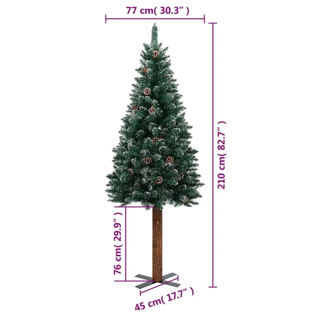 Slim Christmas Tree with Real Wood and White Snow Green 210 cm 320962