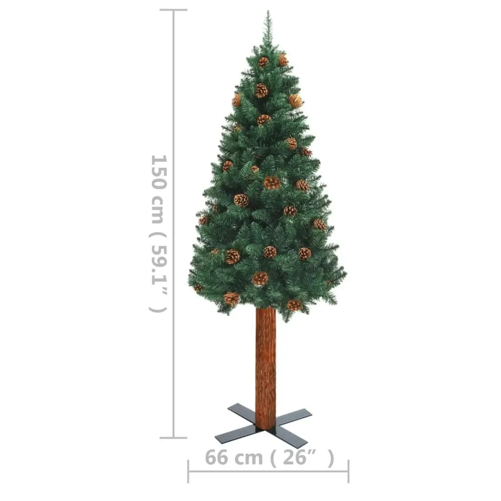 Slim Pre-lit Christmas Tree with Real Wood&Cones Green 150 cm 3077759