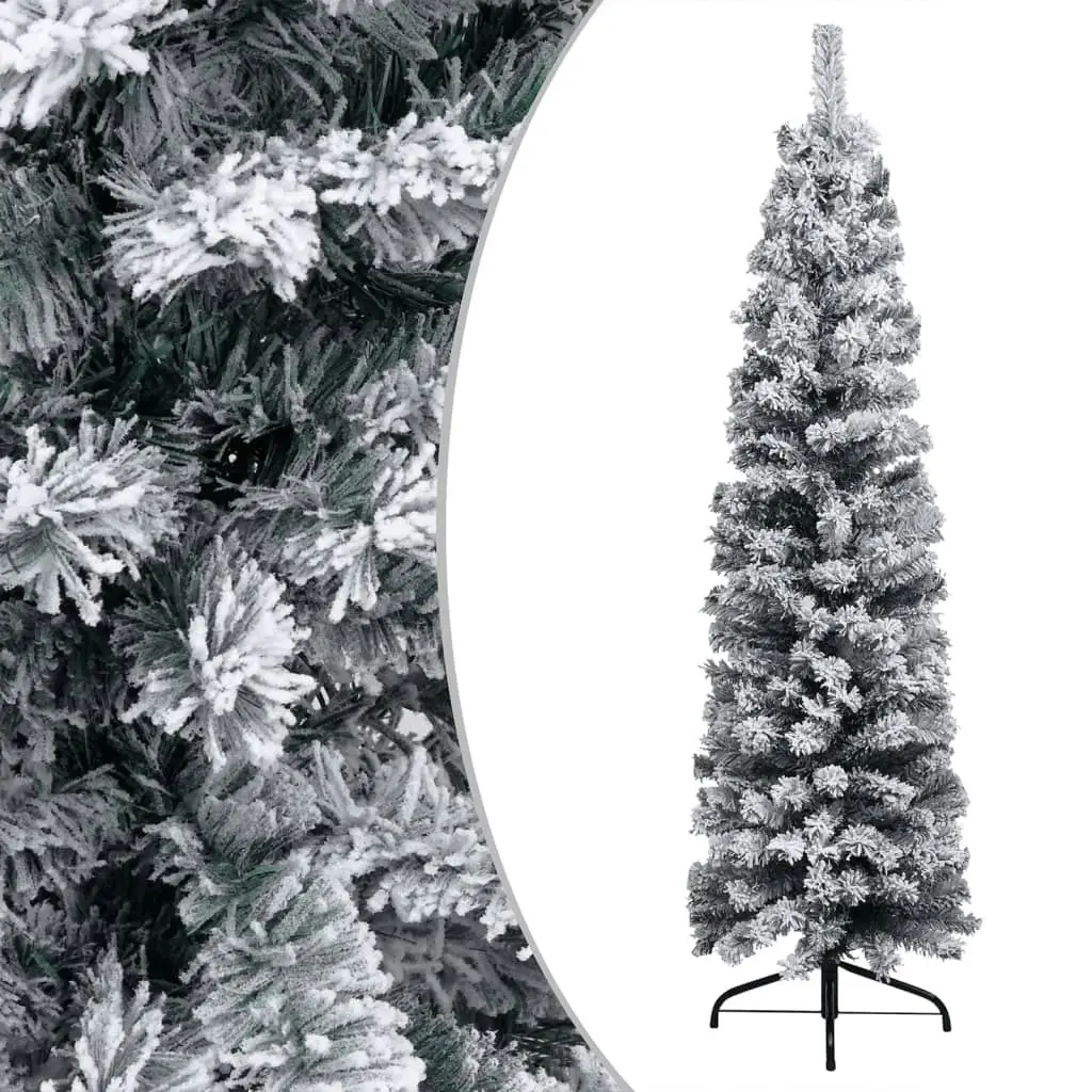 Slim Pre-lit Christmas Tree with Flocked Snow Green 240 cm PVC 3077758