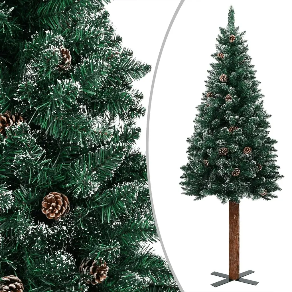 Slim Pre-lit Christmas Tree with Real Wood&White Snow Green 210 cm 3077764