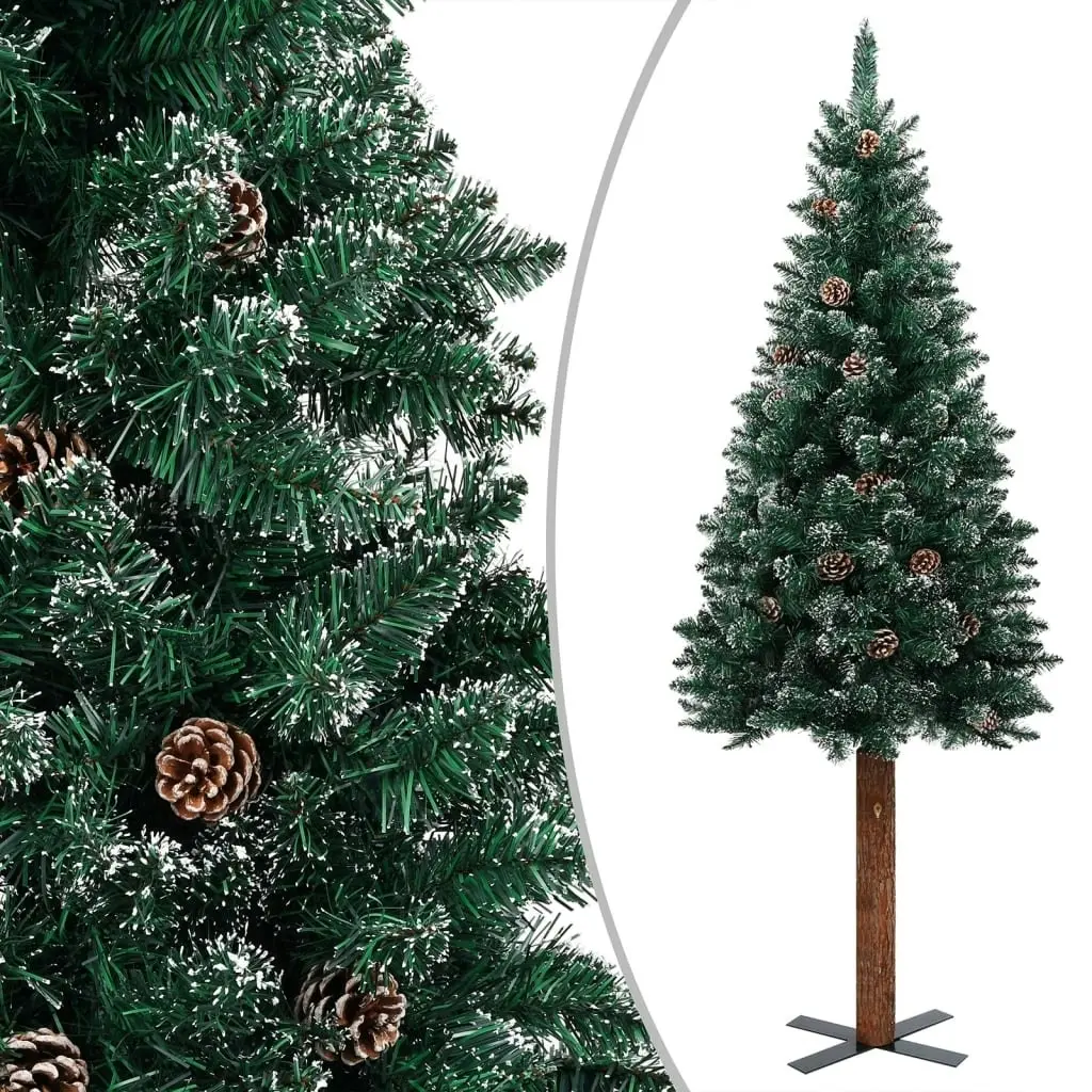 Slim Pre-lit Christmas Tree with Real Wood&White Snow Green 150 cm 3077762