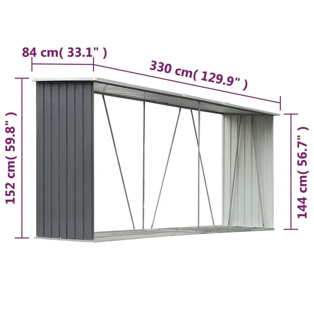 Garden Log Storage Shed Galvanised Steel 330x84x152 cm Grey 44859