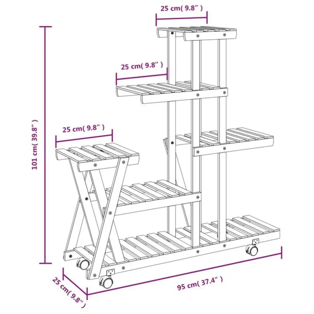 Flower Stand with Wheels 95x25x101 cm Solid Wood Fir 362881