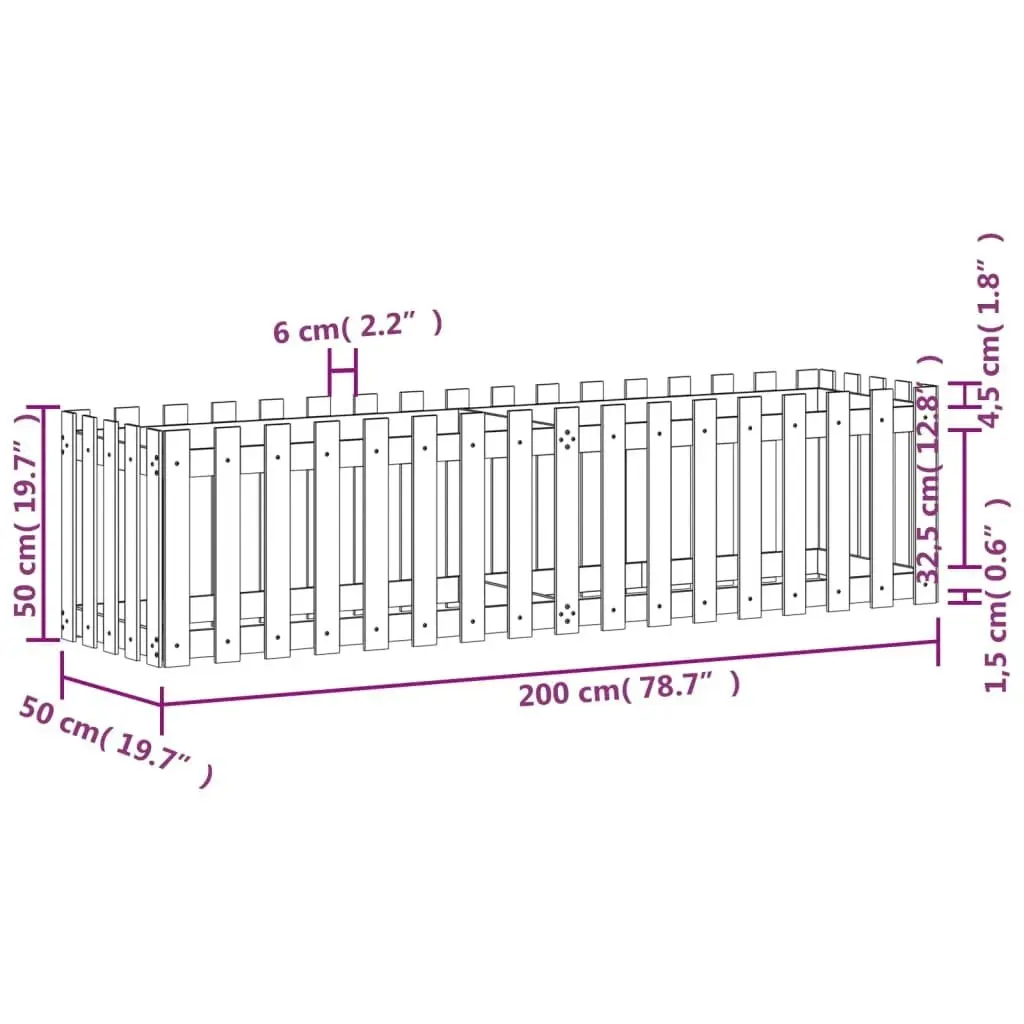 Garden Raised Bed with Fence Design 200x50x50 cm Solid Wood Pine 832507